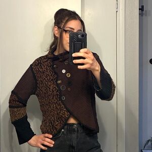90s Vintage Curio New York Brown Patchwork Button Knit Sweater